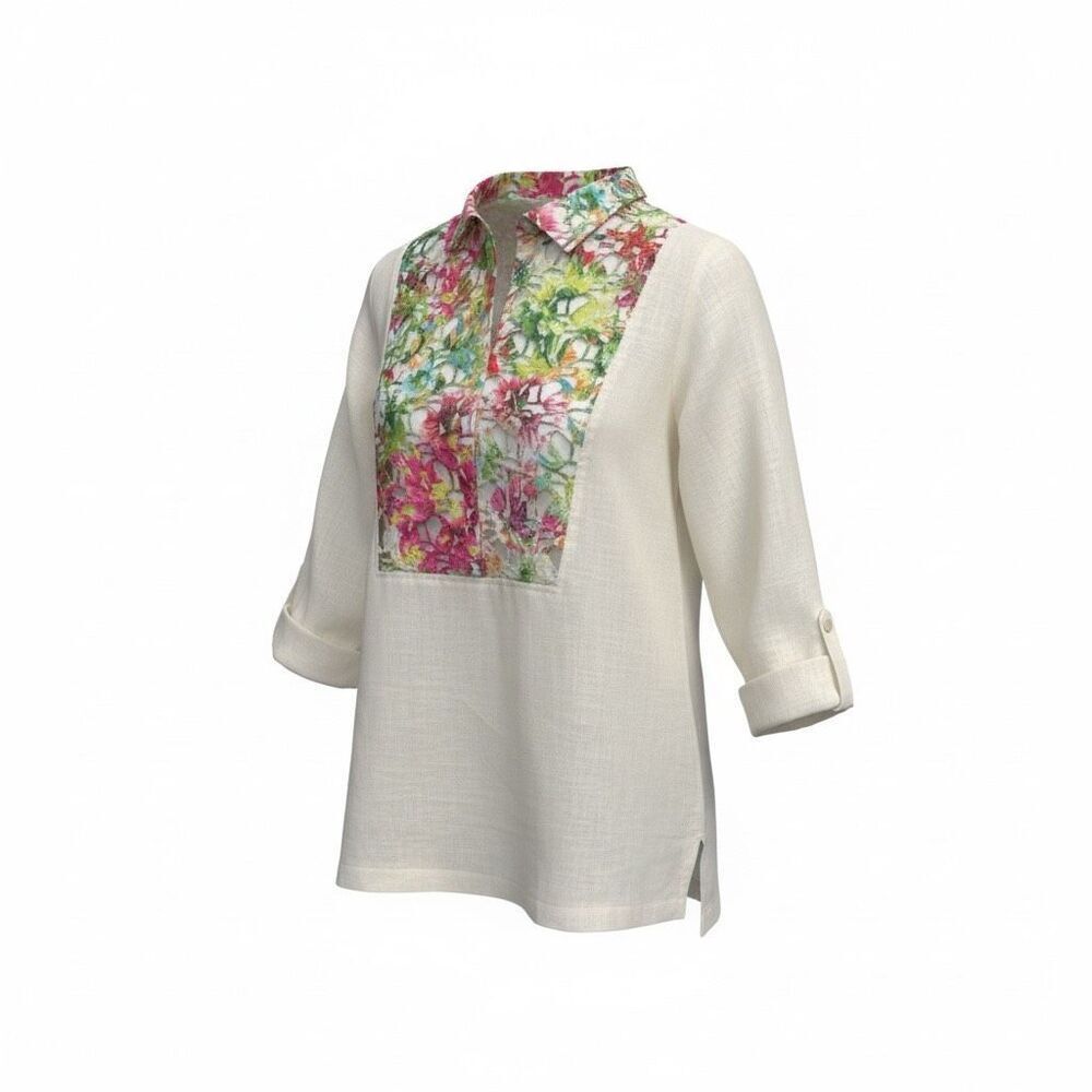 Boho Chic 100% Linen Floral Panel Tunic, Size S, Made in USA